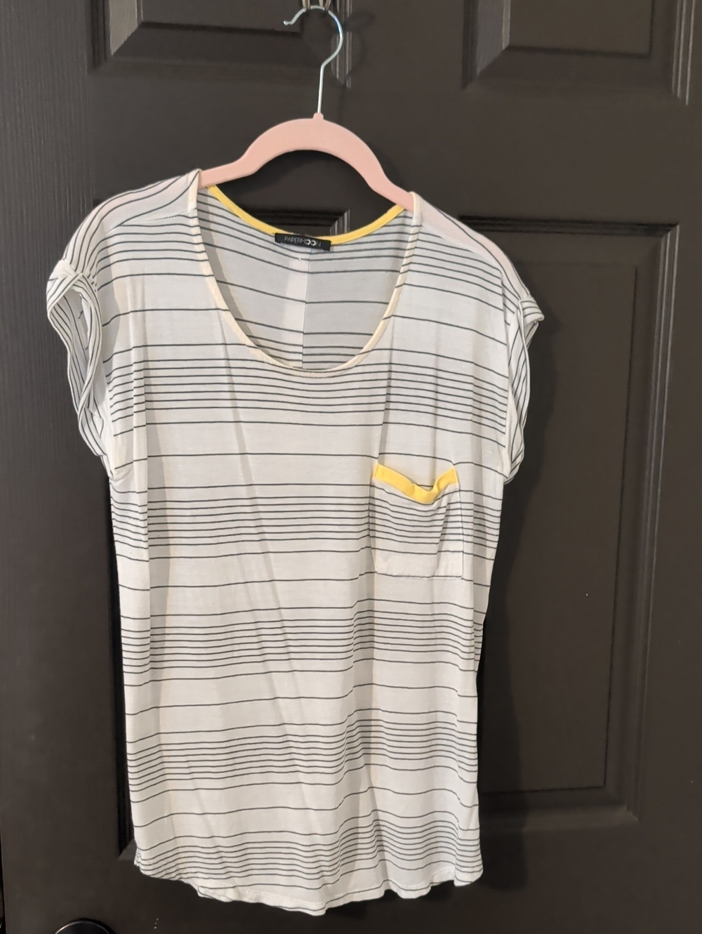 White Striped Tee with Yellow Trim and Pocket